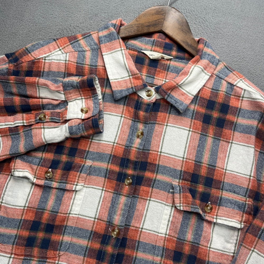 Lucky Brand Plaid Flannel Shirt Womens Large Multicolor Cotton Frayed Hem Crop